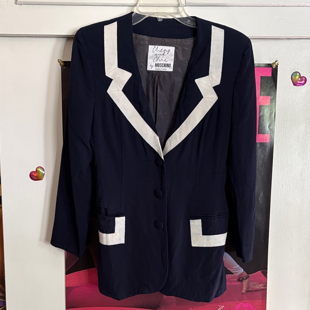 Moschino Cheap and Chic Navy Blazer with White Trim Accents